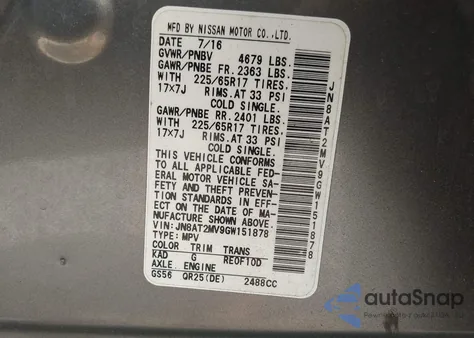 2016 Nissan Rogue S/Sl/Sv из США, поврежденный, VIN JN8AT2MV9GW151878